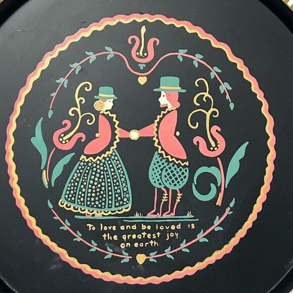 Vtg Toile Ware 1950s Toleware Tray 15" Black & Gold Cutout Metal Hand-painted - Picture 6 of 9